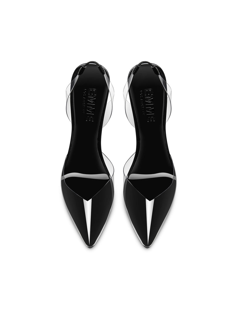 Femme LA Macallan Slingback Pump in Phantom Black – back view, clear PVC slingback strap with black buckle, black patent heel counter, slim black stiletto