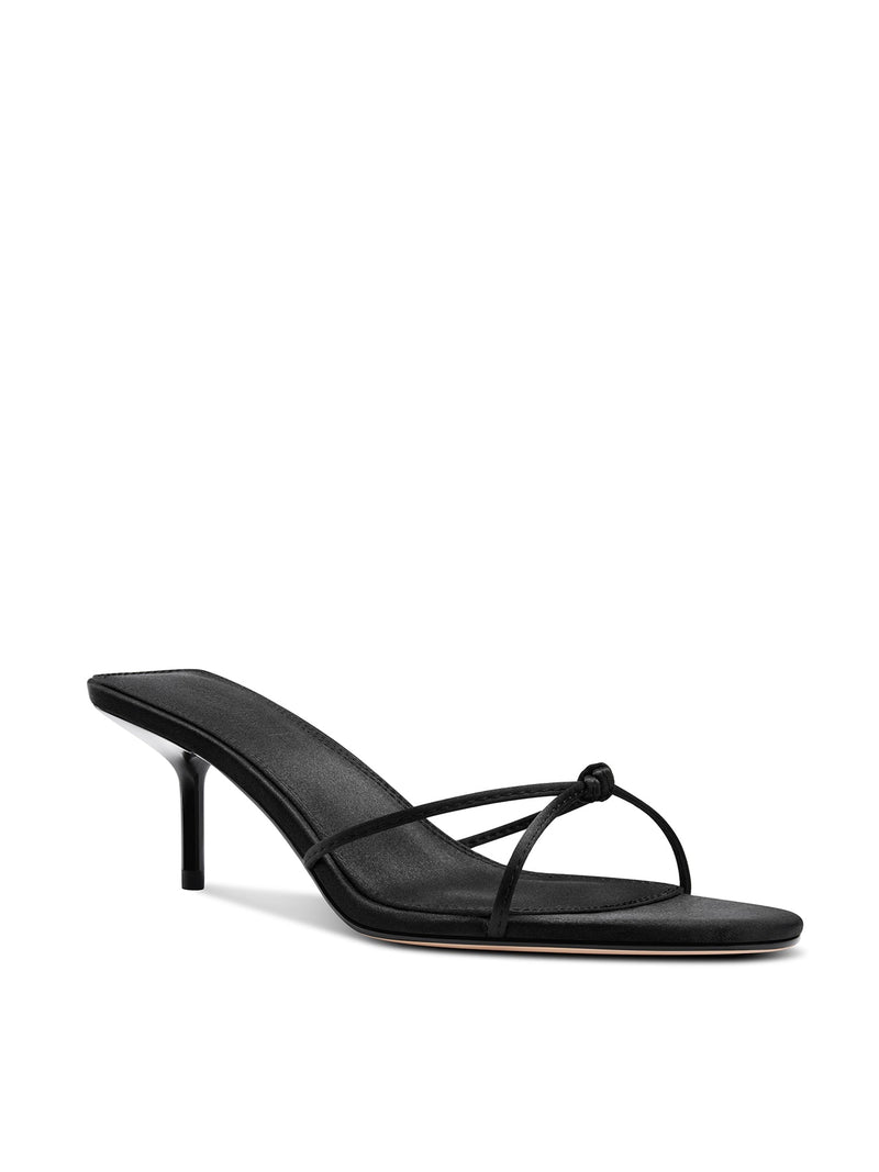 FEMME LA Maeve Slipper in satin black, 3/4 front angle showing V-strap with knot detail and open square toe