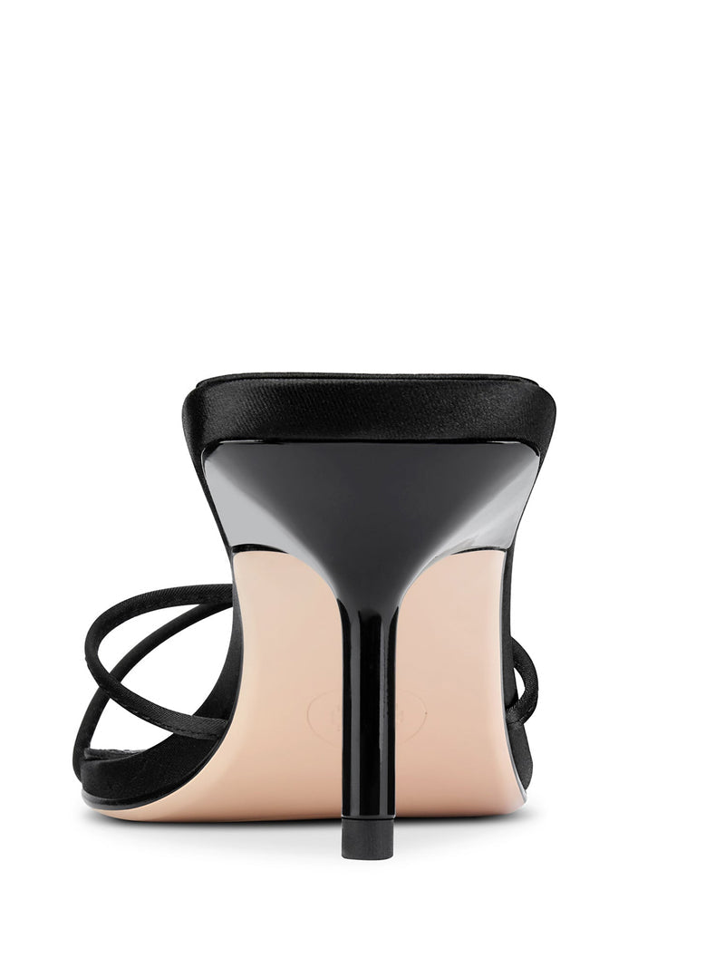 FEMME LA Maeve Slipper in satin black, back view showing slim kitten heel and nude outsole