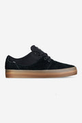 Side view of black Mahalo skate shoe with suede panels and a gum sole