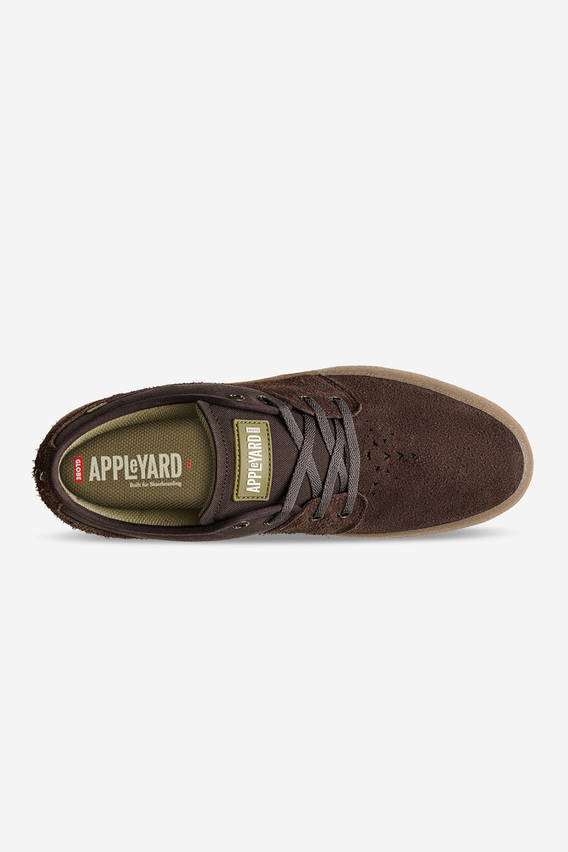 Top view of dark brown Mahalo skate shoe with laces and padded tongue