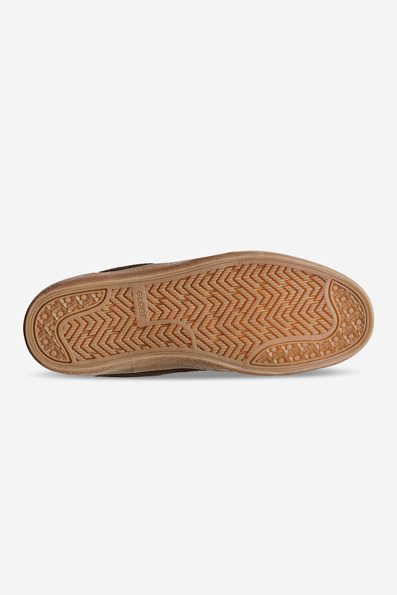 Bottom view of Mahalo skate shoe with tan gum outsole featuring herringbone tread