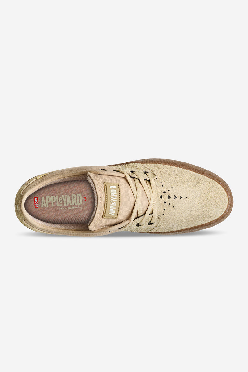 Top view of Mahalo Sand Crepe skate shoe in tan suede with laces and gum outsole