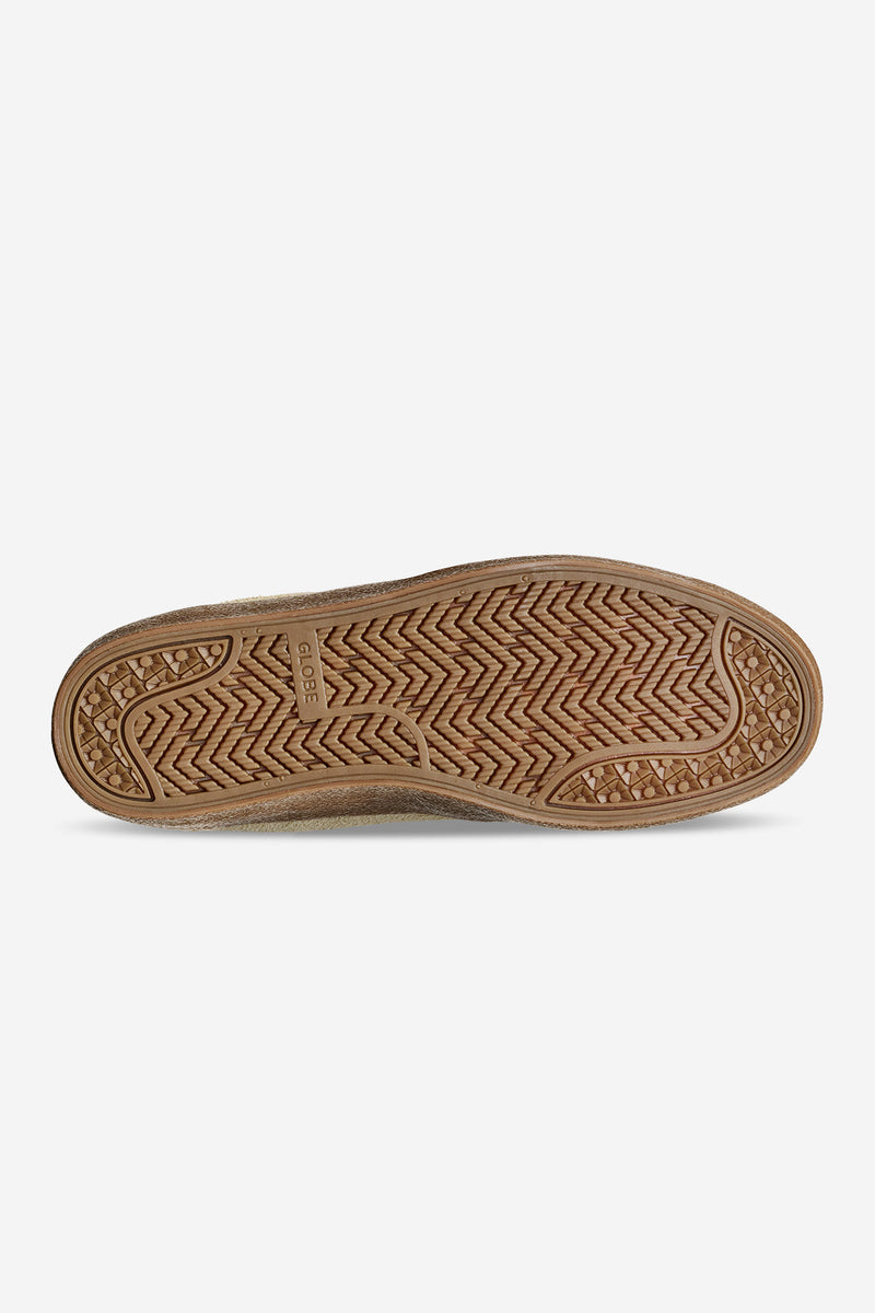 Bottom view of Mahalo Sand Crepe outsole with herringbone tread and Globe branding