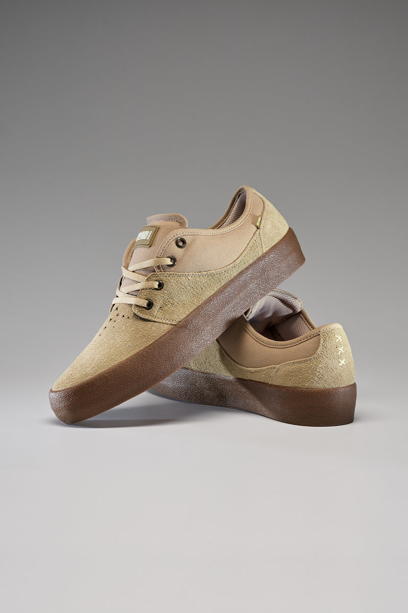 Stacked tan Mahalo sneakers with suede upper and brown gum sole in a product shot