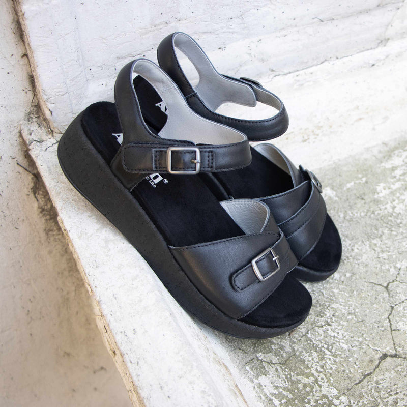 Maryn Coal sandal with adjustable straps on a mini cork wedge rocker outsole- MAR-7406