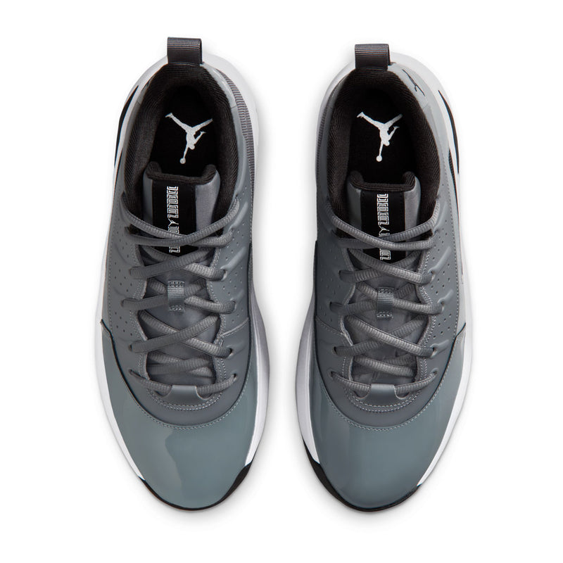 Men's sneakers, top view of tongues and laces in cool grey and black