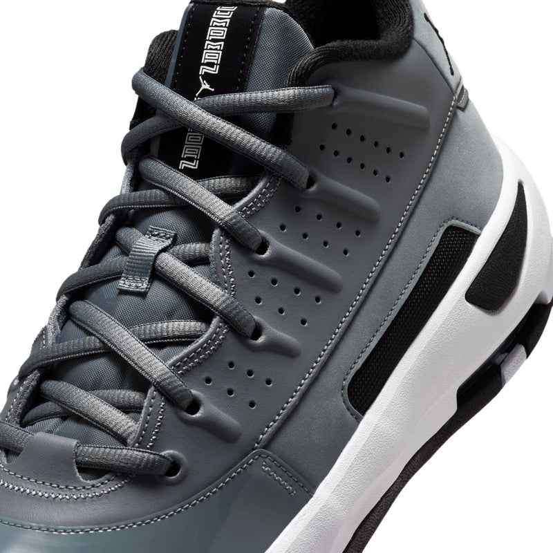 Close-up of men's high-top laces and perforated cool grey upper with black strap