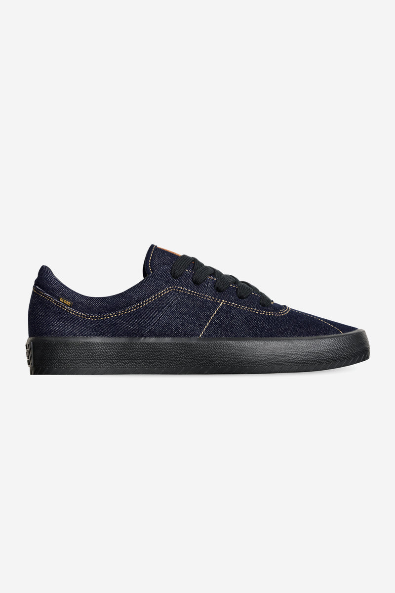 Melbek denim skate shoe with durable denim upper and black rubber outsole