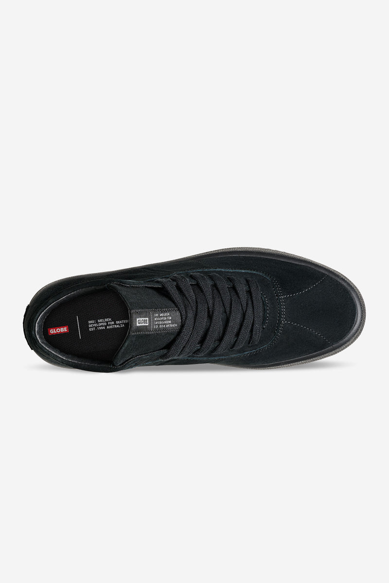 Top view of Melbek High black suede skate shoe with lace-up closure
