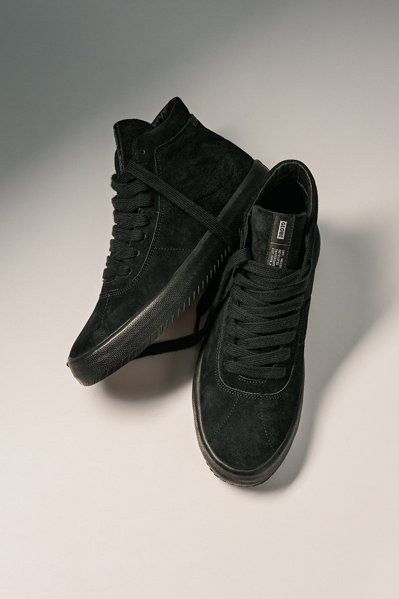 Black suede Melbek High sneakers with laces shown from an angled top view