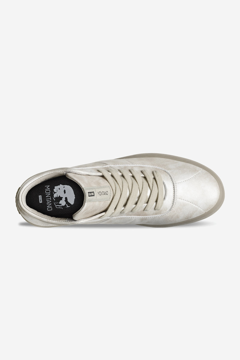 Top view of Melbek High white pearlized Montano skate shoe showing leather upper