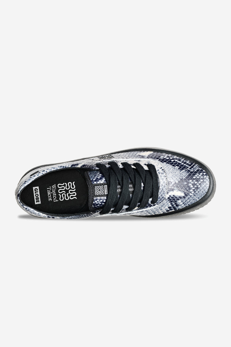 Top view of Melbek Wasted Talent Black Snake sneaker with black laces and snakeskin pattern
