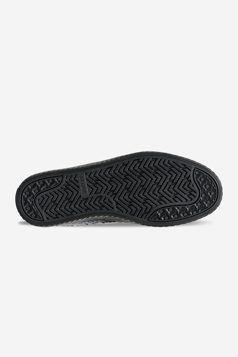 Bottom view of Melbek Wasted Talent Black Snake sneaker showing the treaded sole