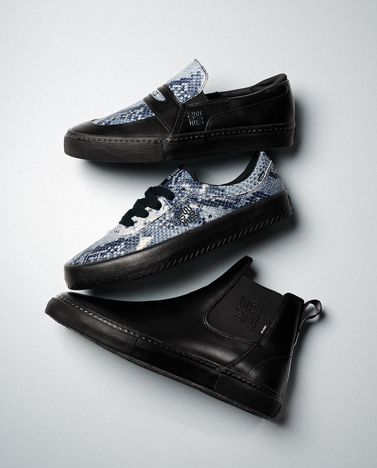 Melbek Wasted Talent skate shoes in blue snakeskin and black suede finishes shown in a three-pair layout
