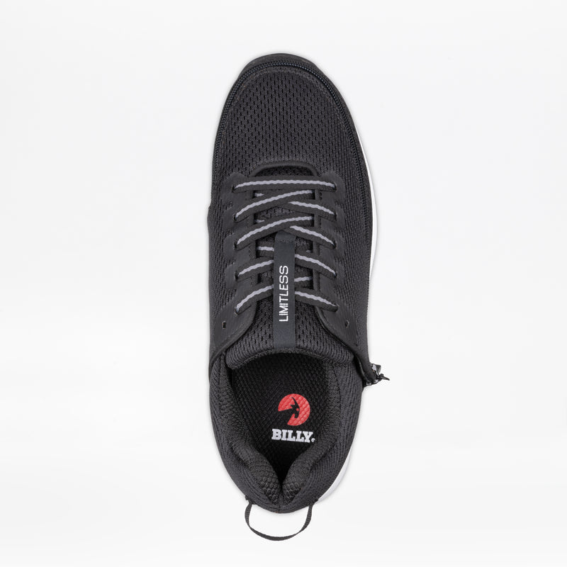 Top view of the Men's Black BILLY Limitless sneaker by BILLY Footwear, featuring gray laces, a mesh upper, a "LIMITLESS" tongue tag, and a red "BILLY" logo on the insole, shown on a plain white background.