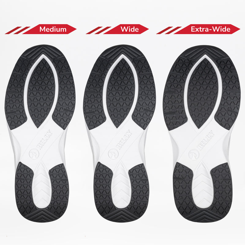 Three Men's Black BILLY Limitless soles from BILLY Footwear are shown side by side in Medium, Wide, and Extra-Wide, increasing in width to highlight easy-on/easy-off adjustable depth sneakers for a superior fit.