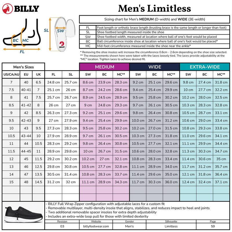 Billy Men's Limitless shoe size chart with measurements and sizing guide.