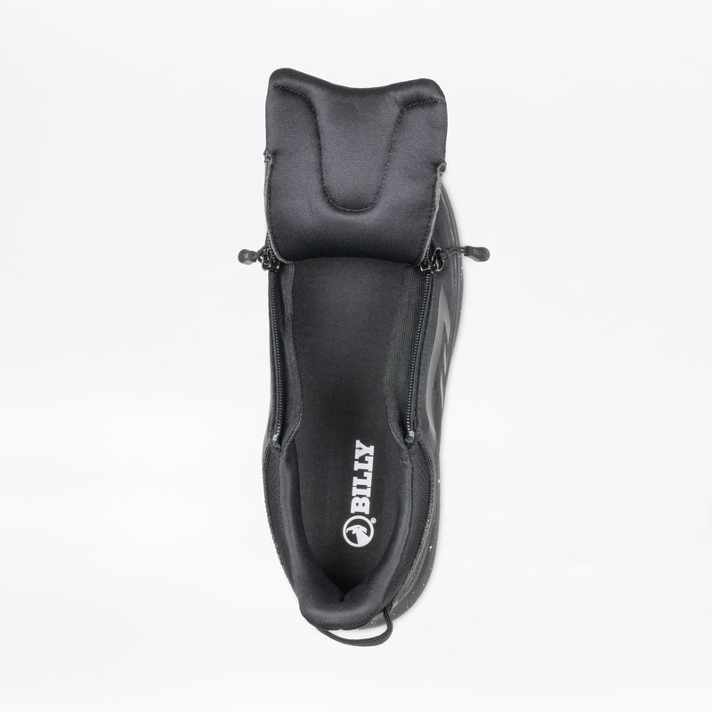 Top view of the Men's Black/Black/Gum BILLY Sport Inclusion DZ1 from BILLY Footwear, showing double zippers unzipped to reveal the interior and brand logo, all set against a white background.