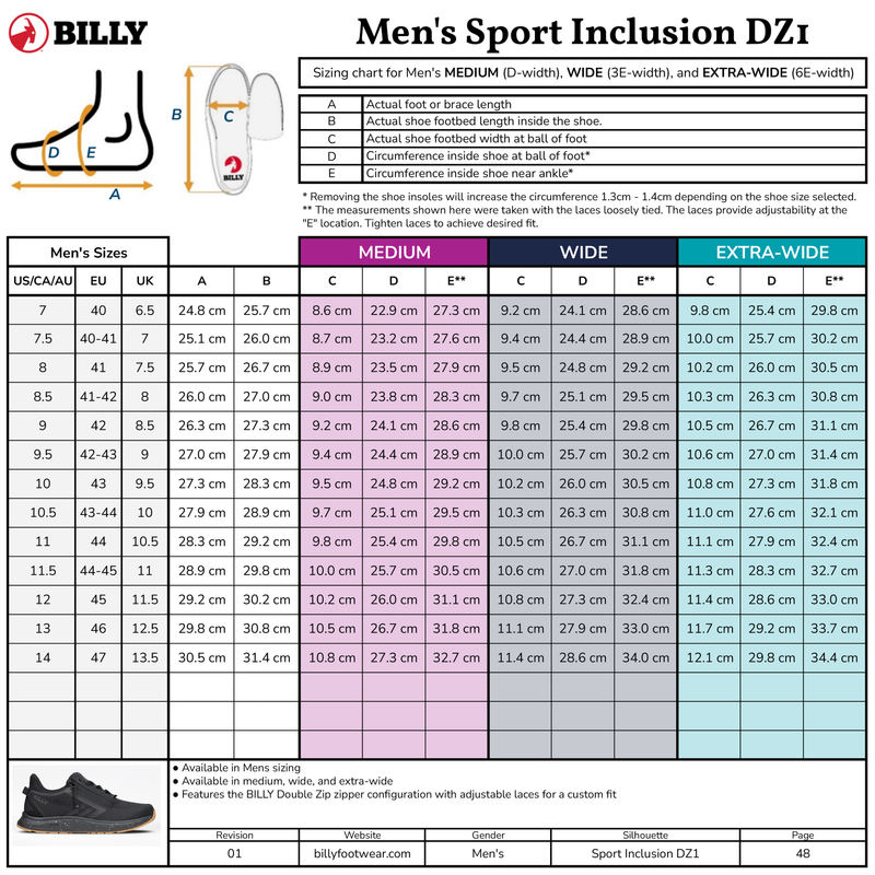 Sizing chart for BILLY Footwear Men's Black/Black/Gum Sport Inclusion DZ1 sneakers, with US, UK, EU, JP sizes, foot lengths and widths (cm), measurement diagrams, and Medium/Wide/Extra-Wide width categories.