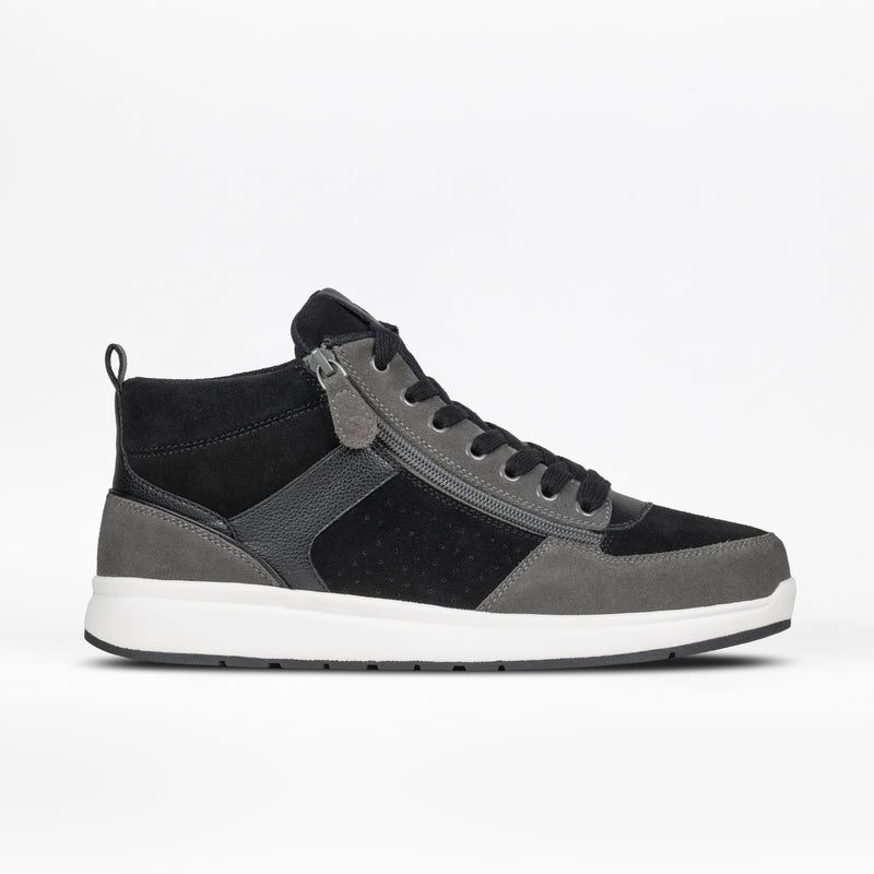 A side view of BILLY Footwear Men's Comfort DZ High in Black/Charcoal, featuring a white sole, black laces, double zippers, and mixed suede and leather. Anatomical arch support offers enhanced comfort against a plain white background.