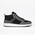 A side view of BILLY Footwear Men's Comfort DZ High in Black/Charcoal, featuring a white sole, black laces, double zippers, and mixed suede and leather. Anatomical arch support offers enhanced comfort against a plain white background.