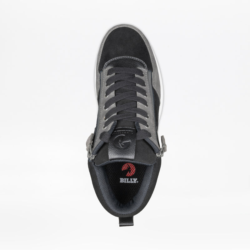 Top view of the Men's Black/Charcoal/Black BILLY Comfort DZ High by BILLY Footwear, featuring gray laces, double zippers, and a BILLY logo on the insole, set against a plain white background.