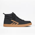 The Men's Black/Gum BILLY CS High by BILLY Footwear is a stylish high top with a gum sole, brown accents, two diagonal side stripes, black laces, padded ankle collar, and a heel pull tab. Shown on a plain white background.