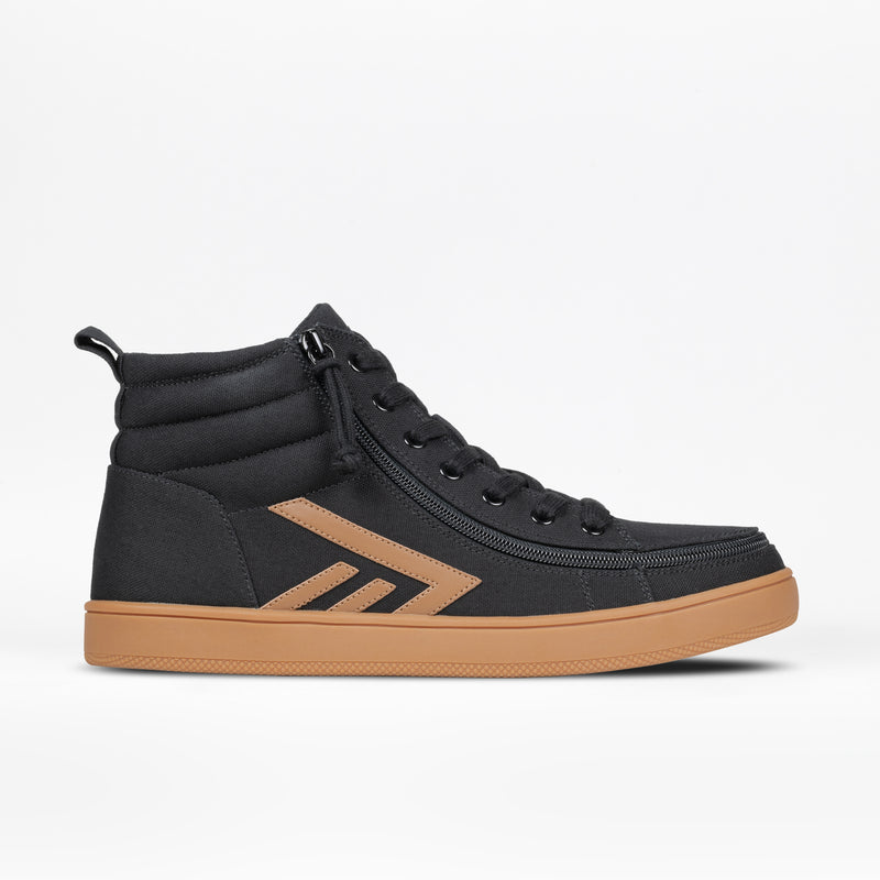 The Men's Black/Gum BILLY CS High by BILLY Footwear is a stylish high top with a gum sole, brown accents, two diagonal side stripes, black laces, padded ankle collar, and a heel pull tab. Shown on a plain white background.