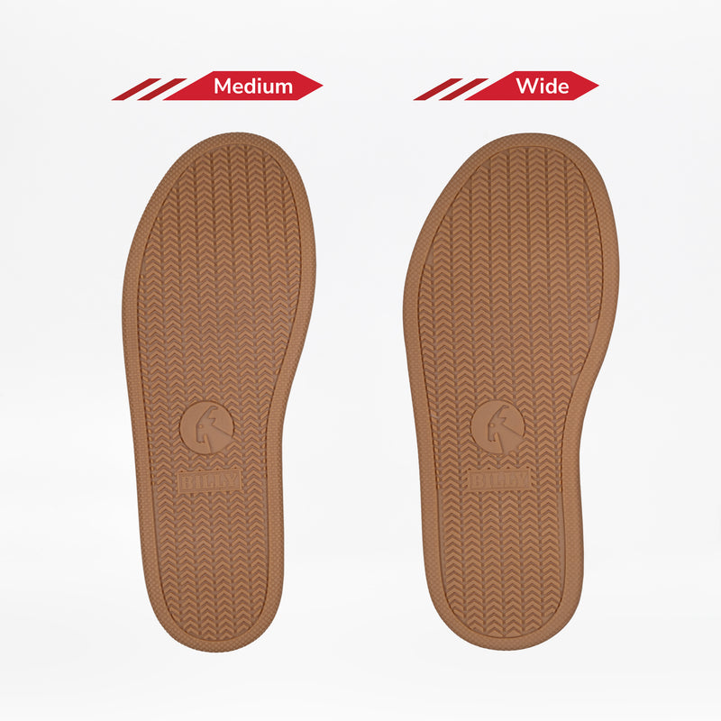 Two brown shoe soles are shown side by side on a white background. The left is labeled Medium, the right Wide, displaying width options for the Men's Black/Gum BILLY CS High by BILLY Footwear.