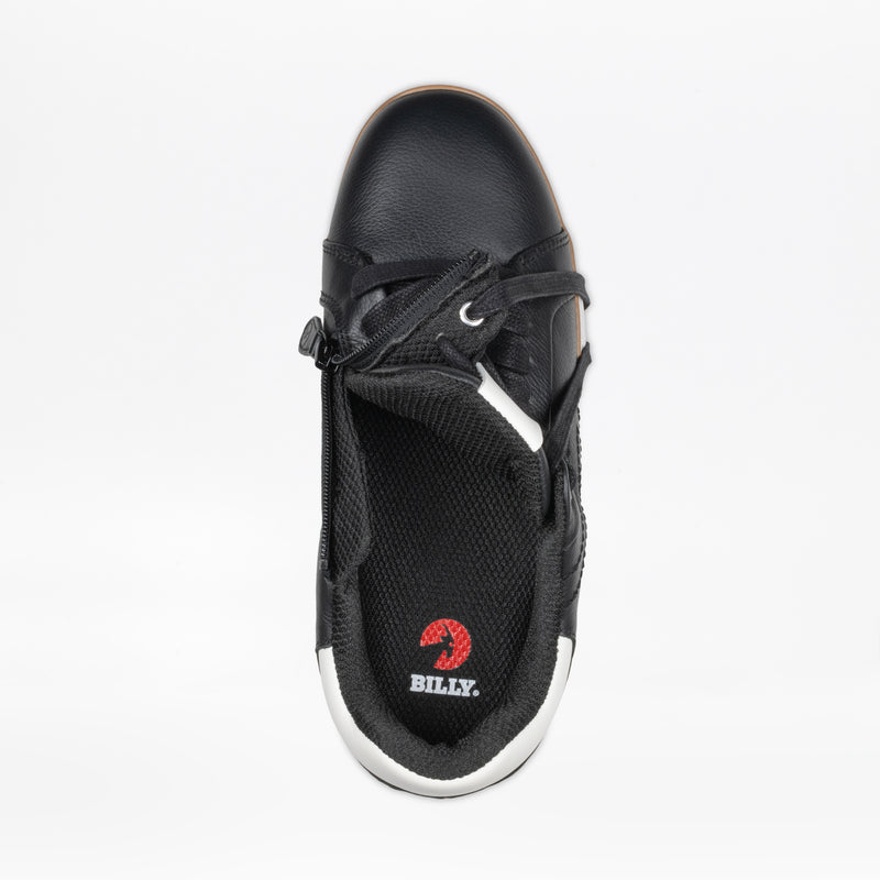 Top view of the Men's Black Leather BILLY Comfort Luxe from BILLY Footwear, showing the zippered opening partially open and a branded insole with "BILLY." in white letters and a red logo, set on a white background.