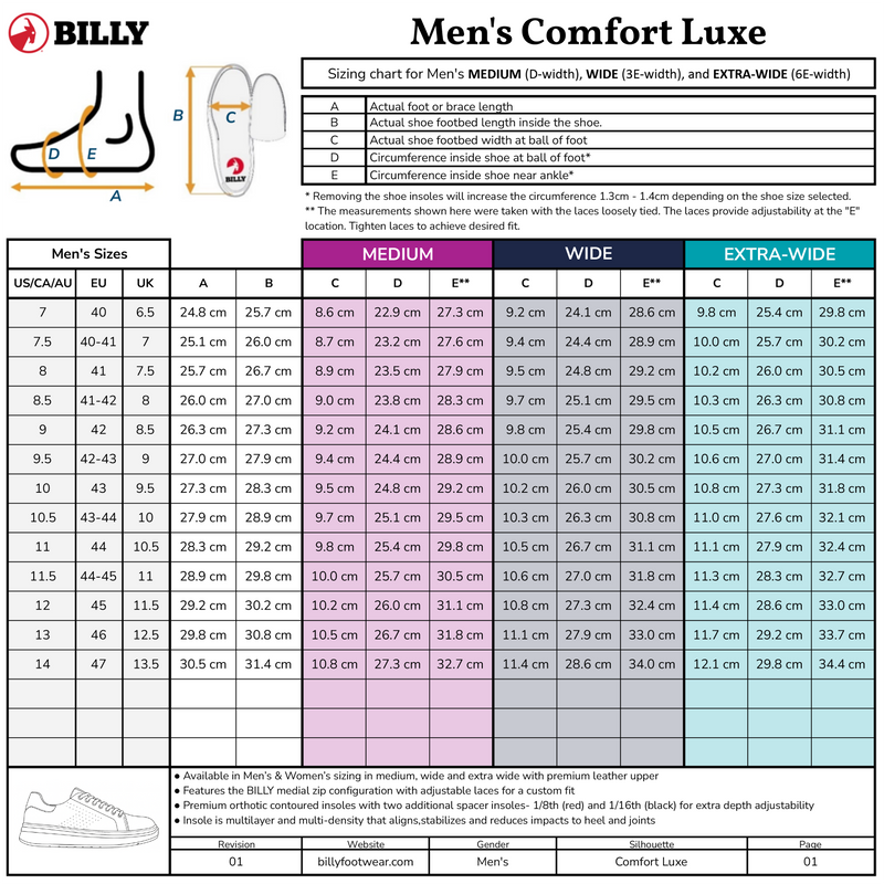 Men’s shoe sizing chart for the BILLY Footwear Men’s White Leather Comfort Luxe, a sensory-friendly style in Medium, Wide, and Extra-Wide widths. Includes US/EU/UK sizes, foot measurements, diagrams, notes, and the BILLY logo top left.
