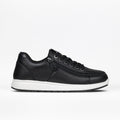 The Men's Black Leather BILLY Comfort Plush by BILLY Footwear is a black leather shoe with a white sole, black laces, and the signature BILLY Wraparound Zipper, shown on a plain white background.