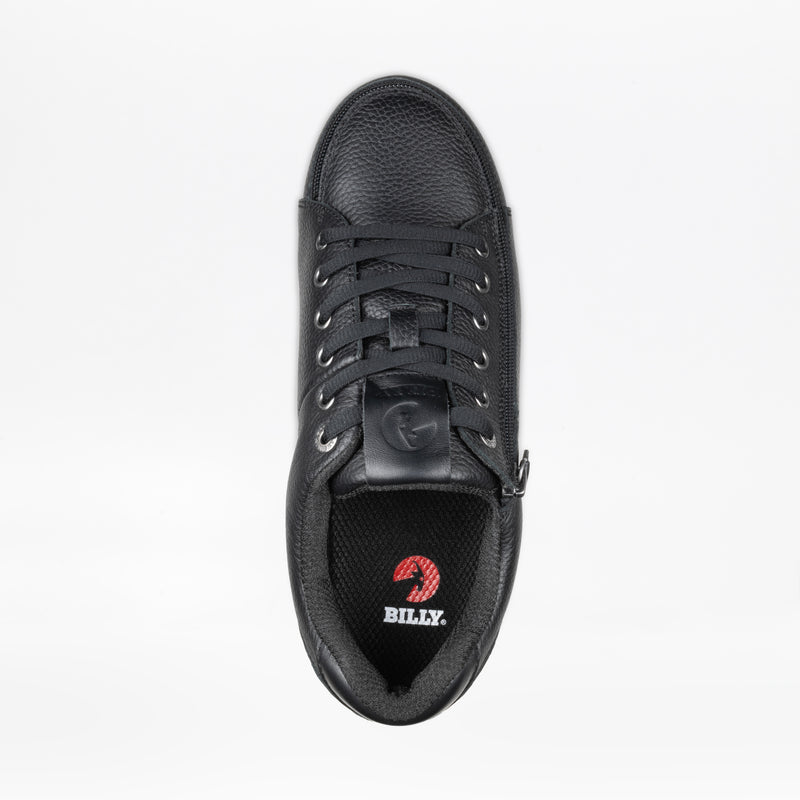 The Men's Black Leather BILLY Comfort Plush from BILLY Footwear is a black sneaker with top-view black laces, a signature Wraparound Zipper, textured leather, a white "BILLY" insole, and Sensory-Friendly Lining for comfort.