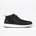 The Men's Black Suede BILLY Comfort Chukka by BILLY Footwear features a white sole, wraparound side zipper, and laces. Shown in profile on a plain white background; part of the Comfort Chukkas collection for men.