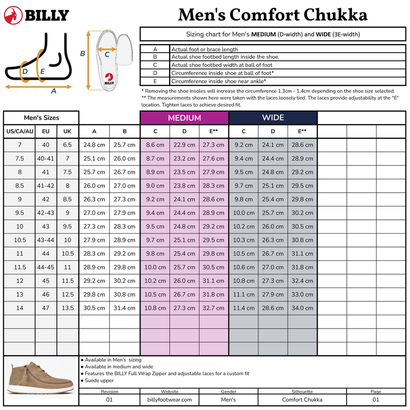 The sizing chart for BILLY Footwear's Men's Sand Suede BILLY Comfort Chukka features US, UK, and EU sizes, foot measurements for medium and wide widths, shoe diagrams, and an image of the boot at the bottom left.