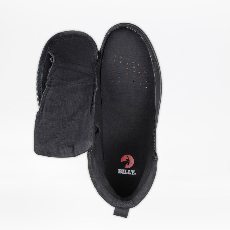 The Men's Black to the Floor BILLY CS High by BILLY Footwear is a black high-top sneaker featuring a fully opened Full Wrap Zipper, showing the interior with the red BILLY logo on the insole against a white background.