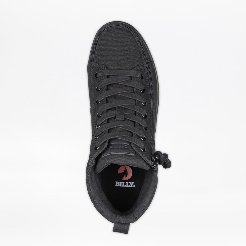 Top view of the Men's Black to the Floor BILLY CS High by BILLY Footwear, showing black laces, a side zipper, and a red BILLY logo on the insole. This men's high top sneaker is set against a plain white background.