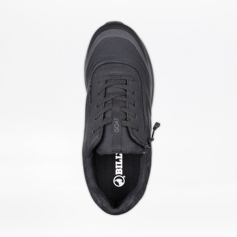 Top-down view of the Men's Black to the Floor BILLY Goat by BILLY Footwear. This wide, orthopedic shoe has "GOAT" on the tongue, a goat logo insole, and a side zipper for stylish, AFO-friendly easy access.