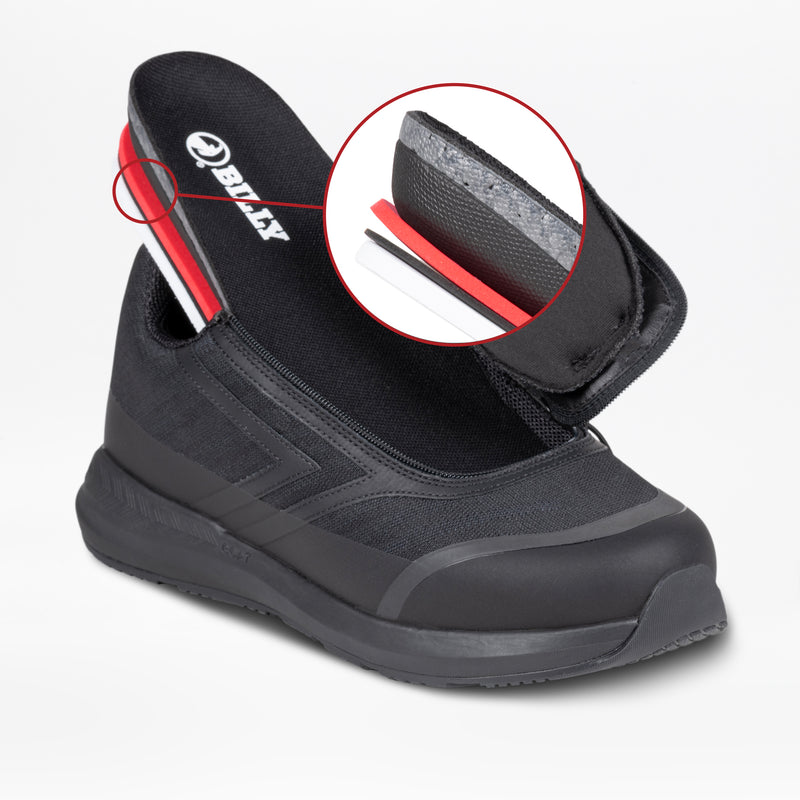 The Men's Black to the Floor BILLY Goat by BILLY Footwear features a black and red design with an open flap and hook-and-loop fastener, shown up close in a circular inset—ideal for those seeking AFO-friendly or men's wide shoes.