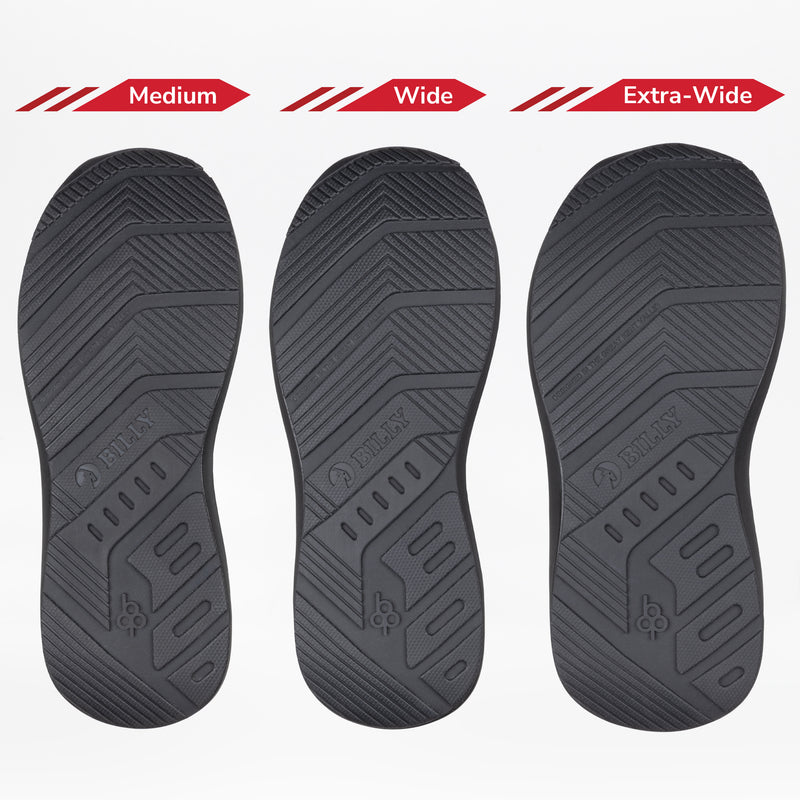 Three black soles, labeled Medium, Wide, and Extra-Wide, showcase the width options for BILLY Footwear's Men's Black to the Floor BILLY Goat orthopedic and wide shoes.