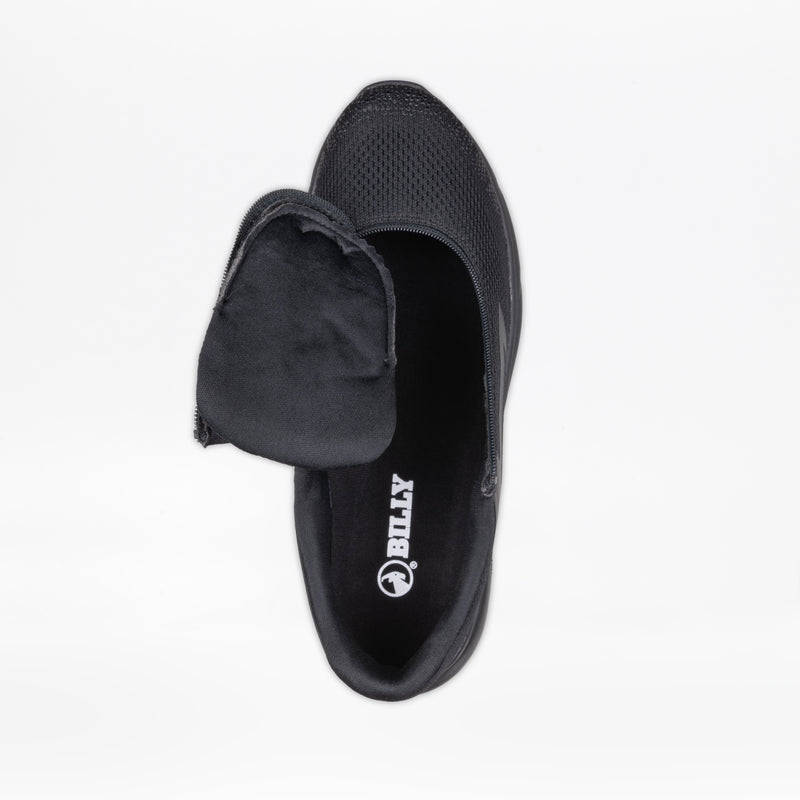 A top-down view of the Men's Black to the Floor BILLY Sport Inclusion athletic zipper shoe by BILLY Footwear, shown unzipped to reveal its comfort insole, set against a white background.