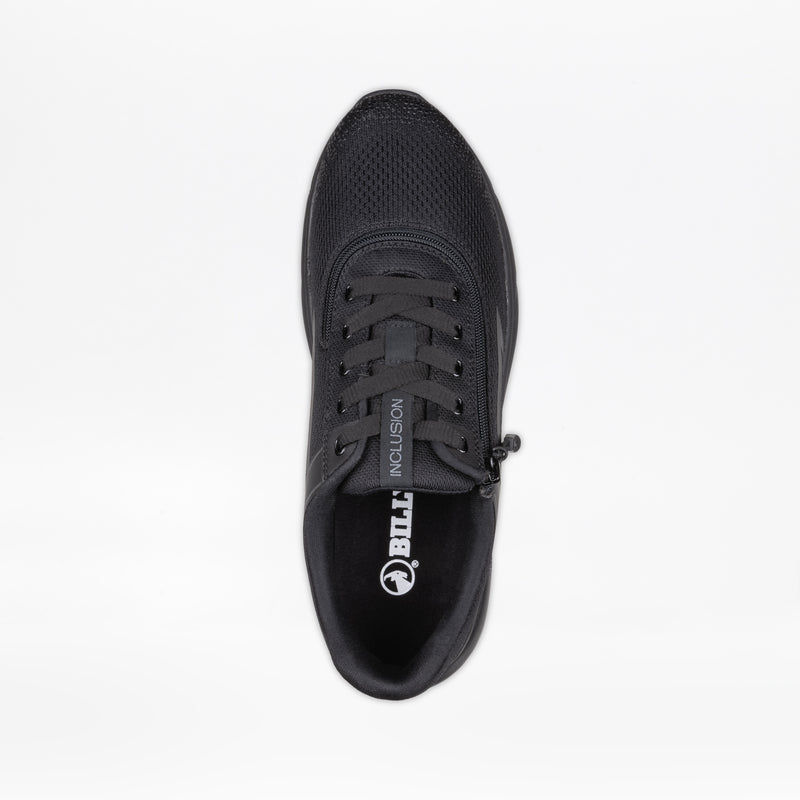 Top view of Men's Black to the Floor BILLY Sport Inclusion by BILLY Footwear—black athletic zipper shoe with mesh detailing, black laces, side zip closure, and “INCLUSION” on the tongue for all-day comfort.