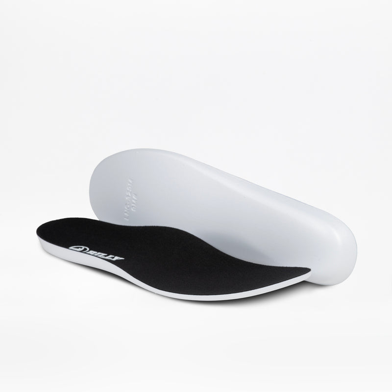 Two Men's Black to the Floor BILLY Sport Inclusion insoles from BILLY Footwear are displayed on a white background—one lies flat showing its black top and white base, while the other is propped up highlighting its white underside.