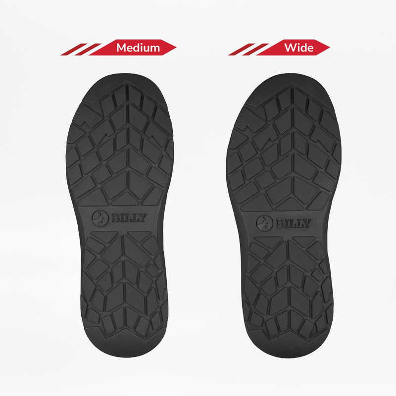Two black insoles from the Men's Black to the Floor BILLY Sport Inclusion by BILLY Footwear are displayed side by side on a white background—Medium on the left, Wide on the right—showing width differences and textured tread with BILLY branding.