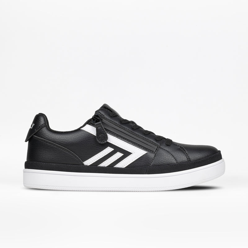 The BILLY Footwear Men's CS Low in Black/White features a lace-up front, side zipper, white sole, and chevron stripes, shown against a plain white background.