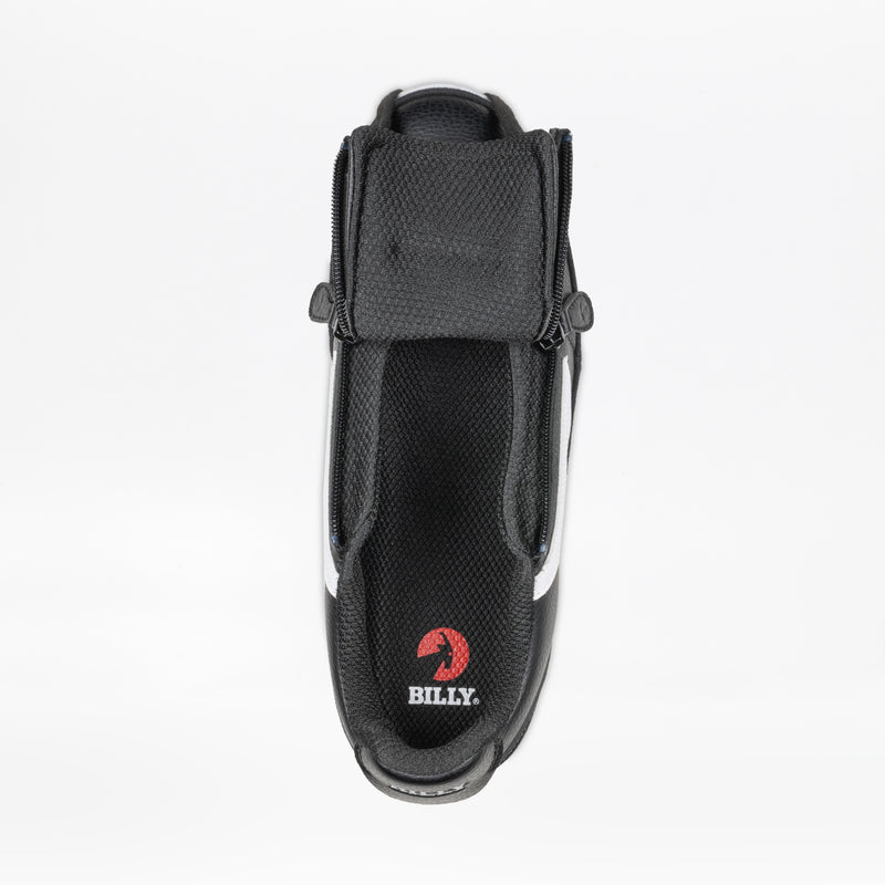 The Men's Black/White BILLY CS Low sneaker by BILLY Footwear is shown from above with its tongue fully open, revealing the red BILLY logo on the insole. Double zippers provide an accessible, wide-opening upper for ease and comfort.