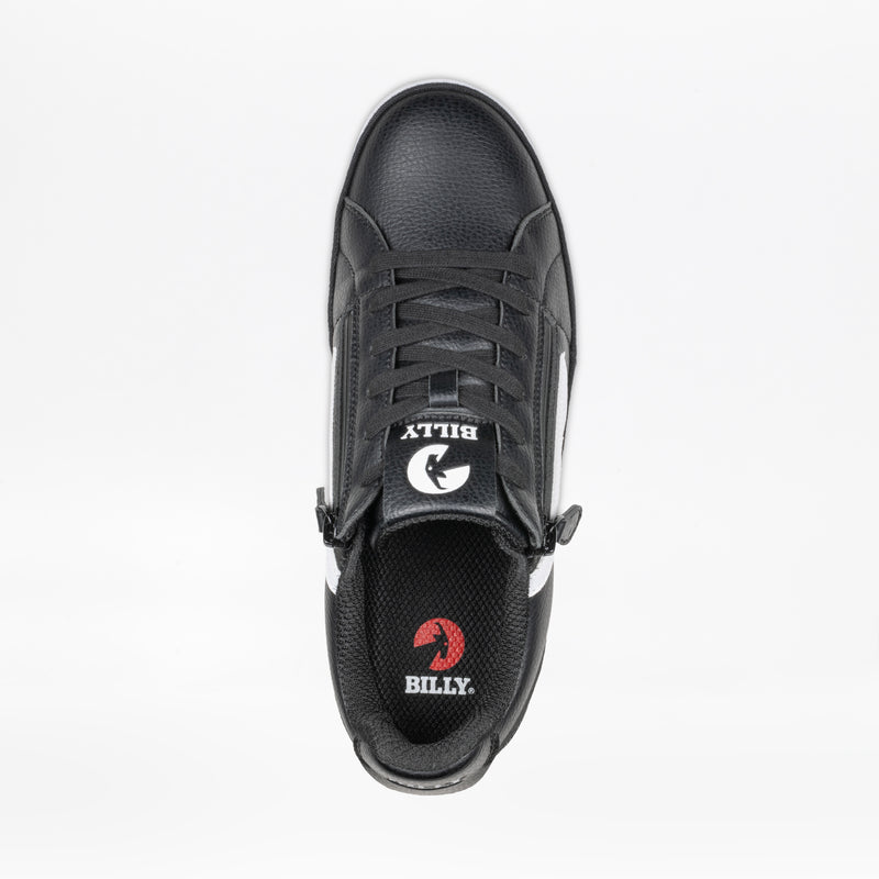 Top view of the Men's Black/White BILLY CS Low by BILLY Footwear featuring laces, white accents, double side zipper, and “BILLY” branding on the insole and tongue.