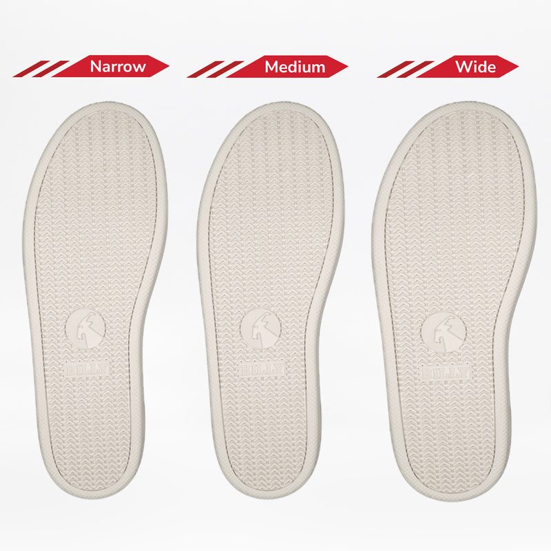 Three white shoe soles are shown side by side, labeled Narrow, Medium, and Wide—demonstrating the insole width options for BILLY Footwear products like the Men's Black/White BILLY CS Low to accommodate different foot sizes.