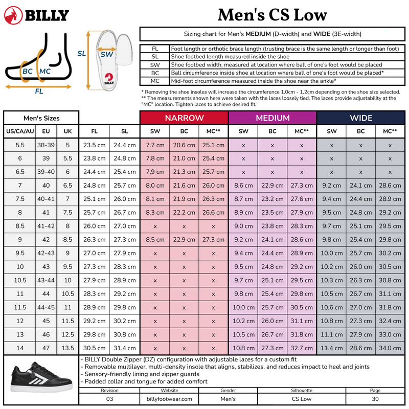 Sizing chart for BILLY Men's CS Low shoes with measurements and shoe size guide.